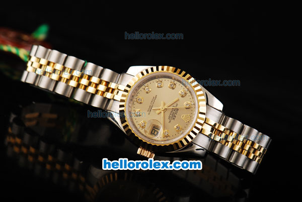 Rolex Datejust Oyster Perpetual Swiss ETA 2671 Automatic Movement Two Tone with Gold Dial and Diamond Markers - Lady Size - Click Image to Close